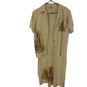 Artsy 2Pc Linen Blend Dress Magic Beige Long w. Short Slve Top African Design S